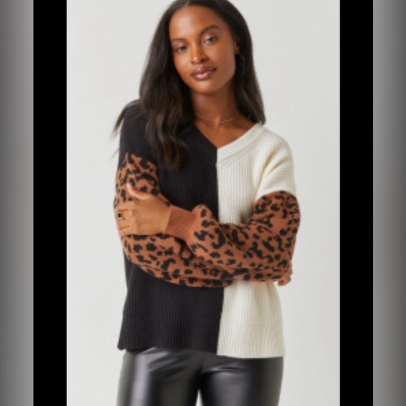 Louise Animal Colorblock Sweater cream black and leopard print size M medium - Picture 1 of 7